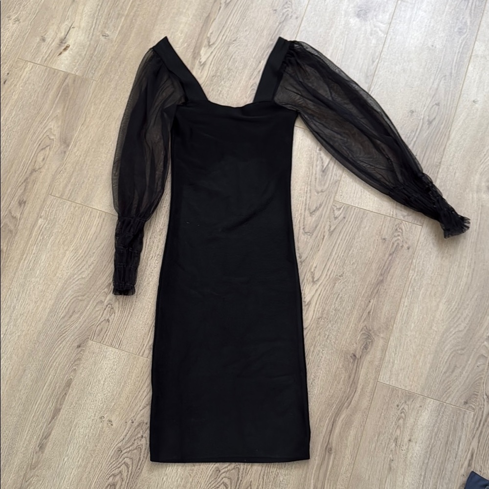 Elegant Black Dress with Sheer Mesh Sleeves